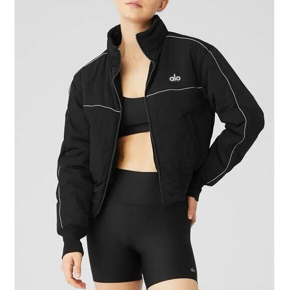 Alo Yoga Drop Top Puffer Jacket Womens S Black Reflective Nylon Preppy Baddie - Picture 2 of 13